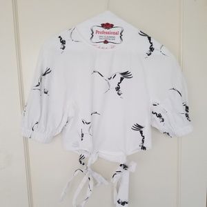 Zara Cotton Puffy Sleeve Crop Top w Bow Ties